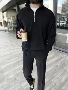 Men's black corduroy half-zip sweatshirt and trousers casual two-piece tracksuit set