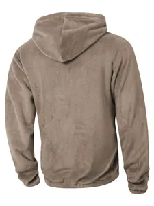 Detailed back view of a warm brown winter fleece hooded jacket with soft plush texture
