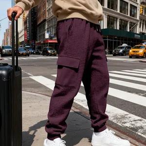 Dettaglio dei pantaloni cargo jacquard bordeaux pesanti da uomo con trama a nido d'ape