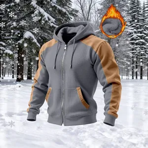 Men's thermal fleece hooded jacket in grey and tan color-block design for winter.