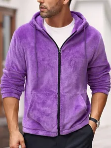 Close-up of men's purple fleece zip-up hoodie showing the soft fuzzy texture and hood