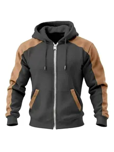 Men's stylish color-block zip-up hoodie with fleece lining for autumn and winter.
