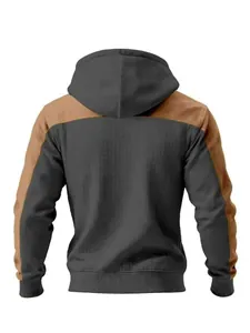 Back view detail of men's two-tone hooded jacket in grey and tan with ribbed hem