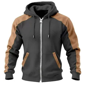 Stylish men's casual autumn winter color-block fleece hooded jacket with full zipper