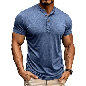 Close-up of blue men's Henley shirt showing 3-button placket and fabric texture