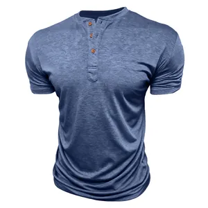 Detailed close-up view of a breathable blue men's short-sleeved Henley shirt with buttons