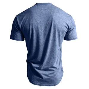 Back view of breathable blue heathered men's short sleeve crew neck t-shirt detail