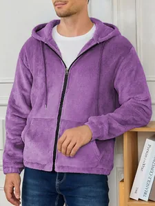 Detail view showing the soft texture of a purple fuzzy fleece hooded zip-up jacket