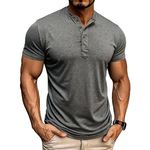 Close-up of men's grey Henley shirt with three-button placket and breathable fabric.