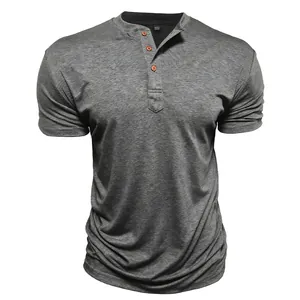 Detailed view of a grey short-sleeved Henley shirt featuring three classic wooden buttons