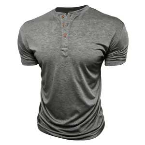 Detail view of men's breathable gray Henley shirt with three-button placket