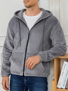 Detailed view of a soft grey zip-up hooded fleece jacket for men's casual winter wear.