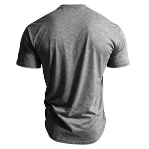 Detailed back view of a classic gray men's crew neck short sleeve breathable casual T-shirt