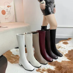 Elegant women's square toe knight boots in multiple colors with chunky mid heels.