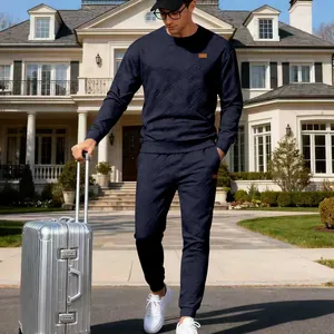 Men's navy blue sports leisure set with round neck and textured jacquard knit