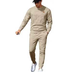 Men's khaki crewneck jacquard knit tracksuit set with casual sports design