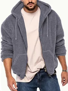Close-up detail of gray plush hooded zip-up fleece jacket showing soft fuzzy texture.