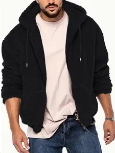 Detailed view of men's solid black plush sherpa fleece hooded jacket with zip closure