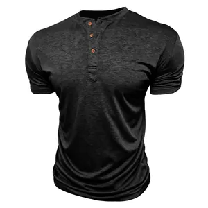Breathable charcoal grey men's Henley T-shirt with wood-textured buttons
