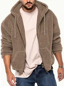 Detailed view of the soft teddy fleece texture on this premium men's hooded zip jacket.