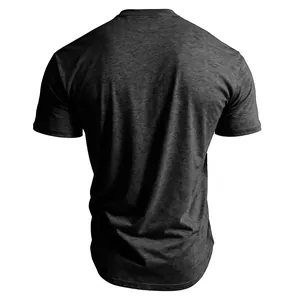 Back view of men's dark grey short-sleeve T-shirt with breathable cotton fabric texture