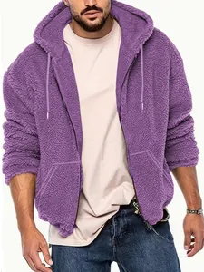 Macro detail of men's purple plush fleece zip-up hoodie featuring hood and pockets