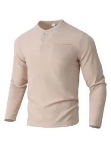 Detail showing the waffle knit texture and buttoned neckline of the Henley shirt.
