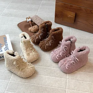 Simpatici stivaletti in peluche stile Lolita per bambine con fiocchi e fodera calda