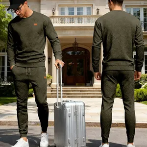 Men's dark olive green jacquard knit leisure tracksuit set with textured pattern