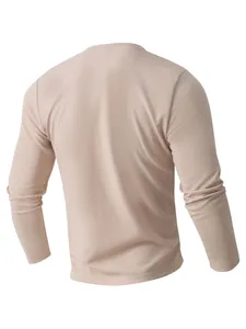 Detailed back view of a men's long-sleeve casual waffle knit shirt in light beige