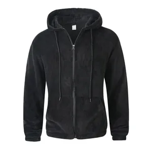 Detailed front view of a black solid color zip-up fuzzy fleece hooded sweatshirt