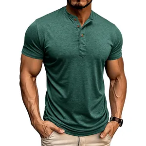 Front view detail of a premium men's green short sleeve Henley shirt with classic buttons