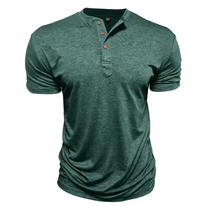 Close-up of green heathered men's Henley shirt featuring a three-button neck collar