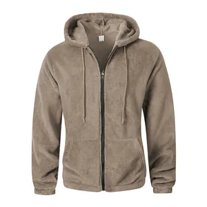 Detailed macro view of the soft brown plush polar fleece hooded jacket with front zipper