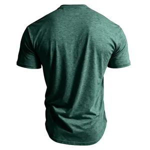 Detailed back view of a breathable dark green heathered men's short sleeve T-shirt