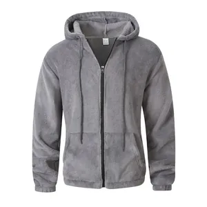 Soft gray plush fleece zip-up hoodie featuring drawstring hood and front pockets
