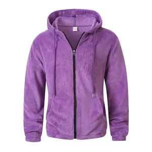 Frontal view of a soft purple plush fleece hooded sweatshirt with full-length zipper closure