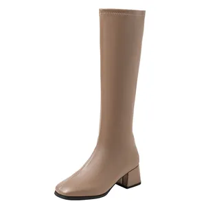 Elegant light brown knee-high knight boots with square toe and chunky mid heel