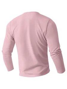 Back view of a pink waffle-knit long-sleeved casual shirt for men in solid color
