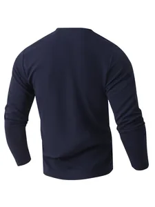 Back view of a navy blue waffle knit long sleeve casual henley shirt for men's fashion