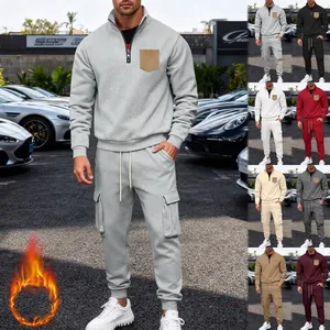 Men's heavy fleece-lined two-piece tracksuit with half-zip sweatshirt and cargo pants.