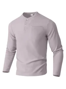 Close-up detail of a men's lavender waffle-knit long-sleeve Henley shirt with buttons