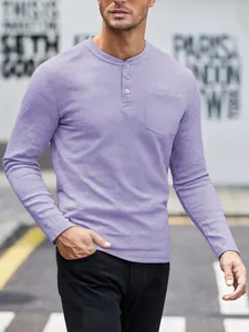 Close-up detail of men's lavender waffle knit Henley shirt with buttoned placket