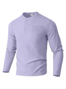 Close-up detail of men's lavender waffle knit Henley shirt with buttons and pocket