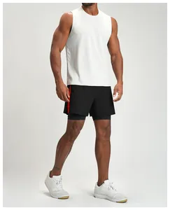 Full-body view of men's quick-dry athletic shorts with built-in liner and red stripe.