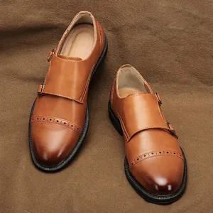 Scarpe Formale Uomo Doppia Fibbia Monk Vintage Brogue Intaglio Pelle Sintetica Basso Scarpe Casual Suola in Gomma