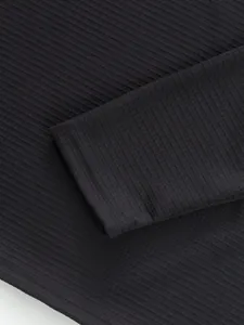 Close-up of black ribbed long-sleeve cuff showing fine fabric texture and stitching.