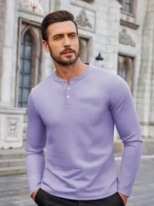 Detail shot of men's lavender waffle Henley shirt with chest pocket and buttons design.