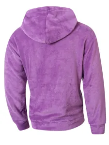 Detailed back view of a cozy purple fleece hoodie featuring soft fuzzy texture for winter