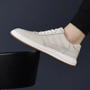 Zapatillas casuales de hombre en cuero genuino transpirable beige con cordones clásicos